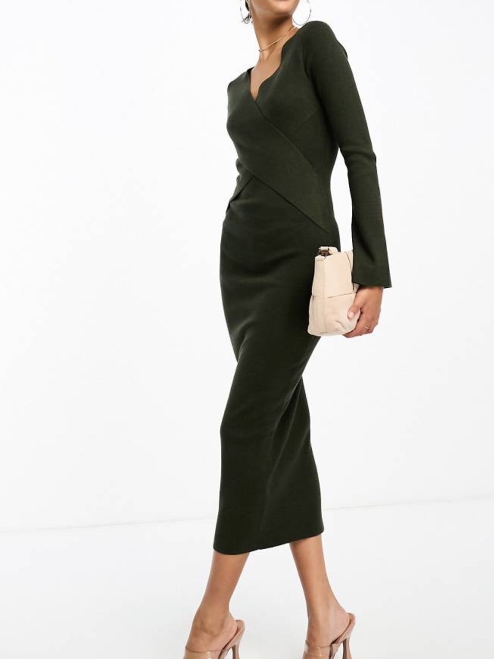 PRETTY LAVISH Cross-over Knit Maxi Dress In Olive-green Size Medium